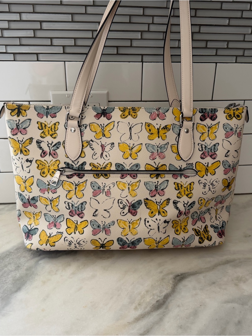 Coach Cream Tote with Yellow and Pale Pink Butterfly Print - Picture 2 of 9